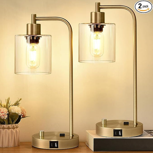Lynnoland Set of 2 Industrial Table Lamps with USB C+A Ports and Outlet, Brass Fully Stepless Dimmable Bedside Lamps, Nightstand Lamps with Clear Glass Shade for Living Room Office (2 LED Bulb)