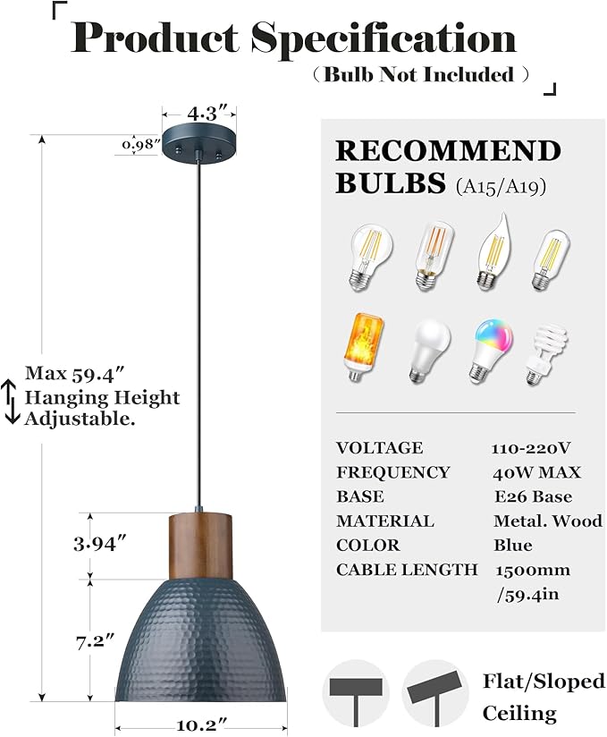 ELYONA Hammered Pendant Light for Kitchen Island, 10.2” Metal Solid Wood Bar Hanging Lamp, Adjustable Height Industrial Pendant Lighting for Dining Room, Bedroom, Bar, Office, Modern Blue