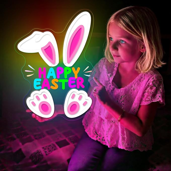 Happy Easter Neon Sign, LED Light Up Cartoon Bunny Decorations for Kids Bedroom, Nursery Room, Classroom, Home, Acrylic Wall Mounted Lighted Rabbit Decor, Easter Gifts for Boys and Girls, 14 x 10 Inches, USB Powered