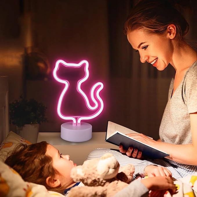 Valentine's Day Gifts for Girls: Cat Neon Signs with Holder Base - USB & Battery Powered Cute Pink Cats Led Neon Light Kids Room Decor, Led Light for Home, Girls Bedroom, Office, Party, Birthday Gifts