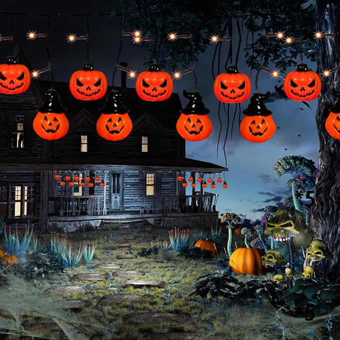 6ft Halloween Pumpkin Curtain String Lights, Led Icicle Light Strand, Jack-o'-Lantern with 8 Modes Battery Operated Indoor Outdoor Holiday Decoration