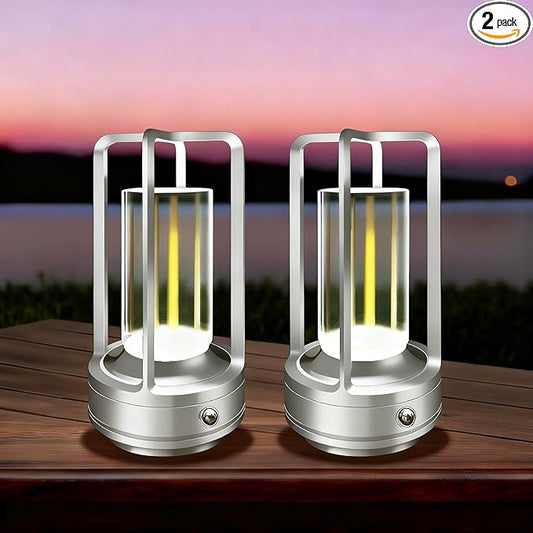 Set of 2 Cordless Table Lamps, LED Rechargeable Table Lamp with 3 Color Stepless Dimmable, Indoor/ Outdoor Table lamp for Patio/ Camping/ Bar/ Coffee/ Restaurant/ Bathroom (Silver 2 Pcs)