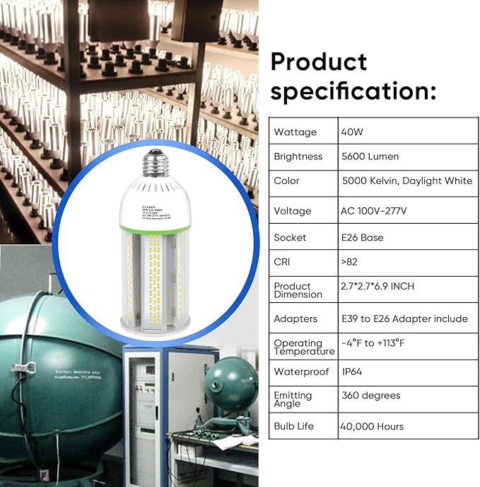 40W LED Corn Cob Bulb, 400W Equivalent, 5000K Daylight, E26/e39 Base, 5600 Lumens - Replace Halogen/Metal Halide, for Barn, Shop, Porch, Yard, Garage Lighting