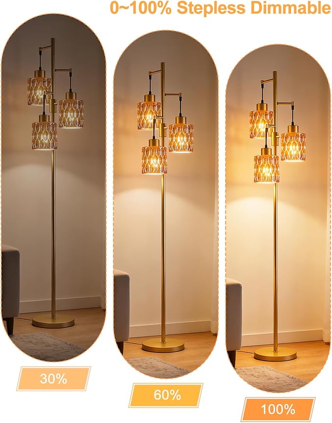 3-Light Floor Lamps for Living Room, Farmhouse Dimmable Gold Floor Lamp with Brown Glass Shade& Bulbs Included, Mid Century Standing Tall Lamp for Bedroom/Sofa Beside/Corner
