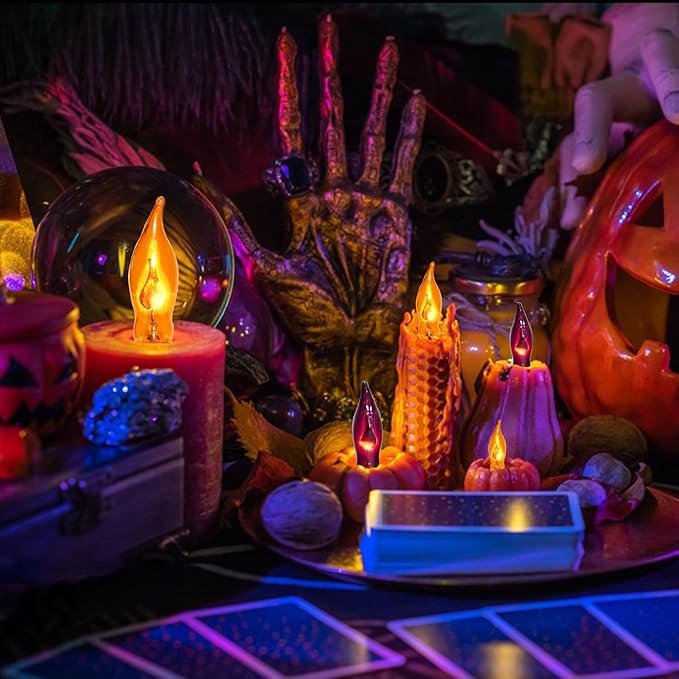 12 Pack C7 Clear Orange and Purple Flickering Flame Replacement Bulbs for String Lights Outdoor, E12 Screw Base, Flame Bulbs for Halloween Indoor Outdoor Roofline Garden Patio Party Decorations