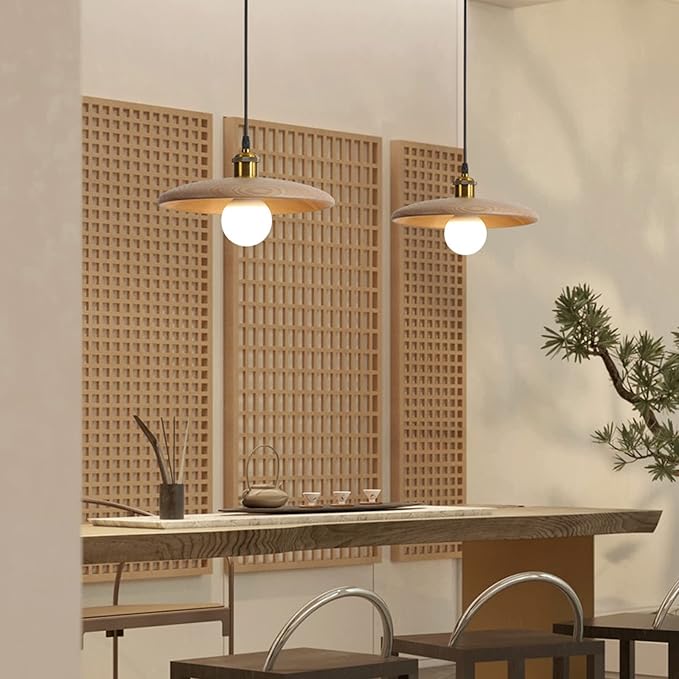SOMINA Modern Wood Ceiling Light Nordic Style Chandelier with Natural Oak Finish E27 Hanging Fixture for Dining Room Kitchen Bedroom Study 11 Inch