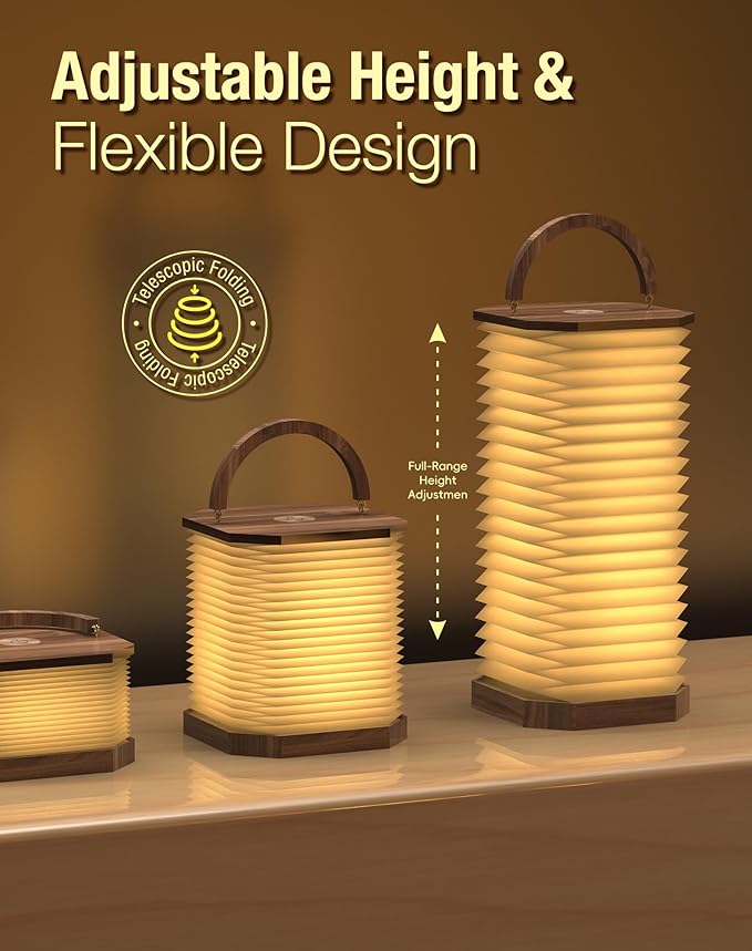 Bedside Table Lamp for Bedroom, Vertical Accordion Lamp with Handle, Warm Nightstand Light with Adjustable Height & Brightness, Study Reading Light for Living Room, College Dorm, Home, Office