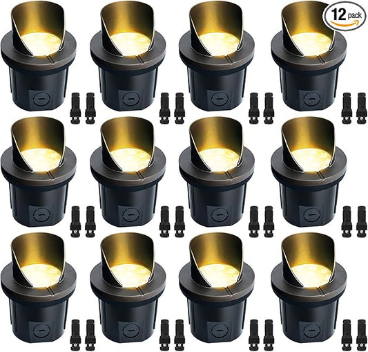 12-Pack LED Well Lights, Shielded Top, 6W 420LM, IP65 Waterproof Outdoor In-Ground Lights, 12V-24V Warm White Low Voltage Lighting for Pathway Garden Fence Deck, ETL Certified