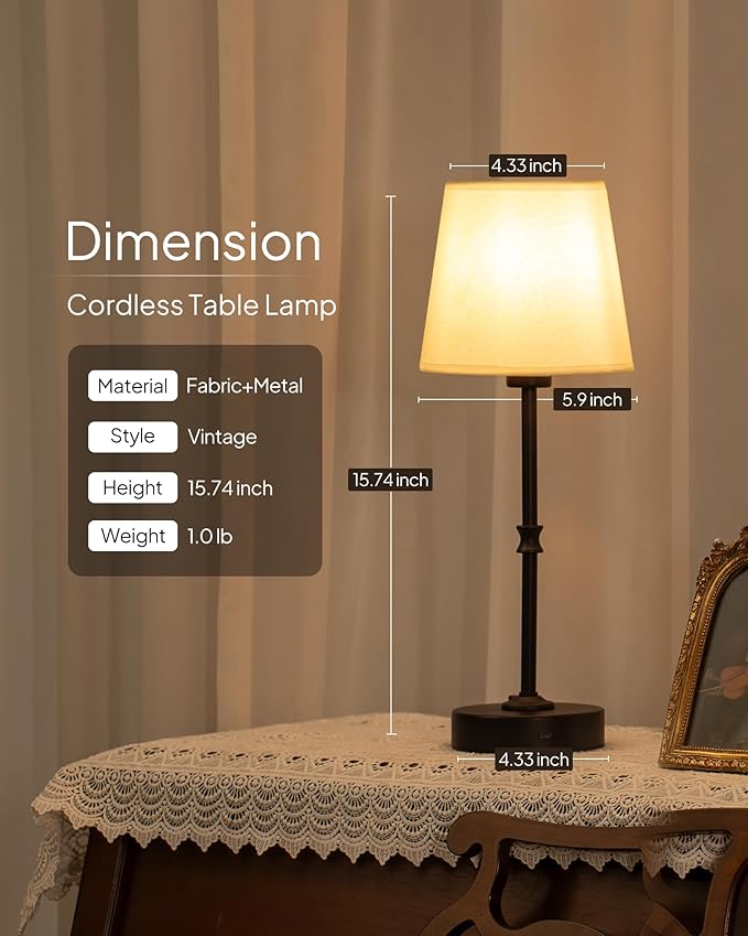 EppieBasic Cordless Table Lamp Rechargeable: Fast Charging & Long Lasting - 2700K Warm Light Vintage Brass Lamps - Dinning Living Room Bedroom - Black