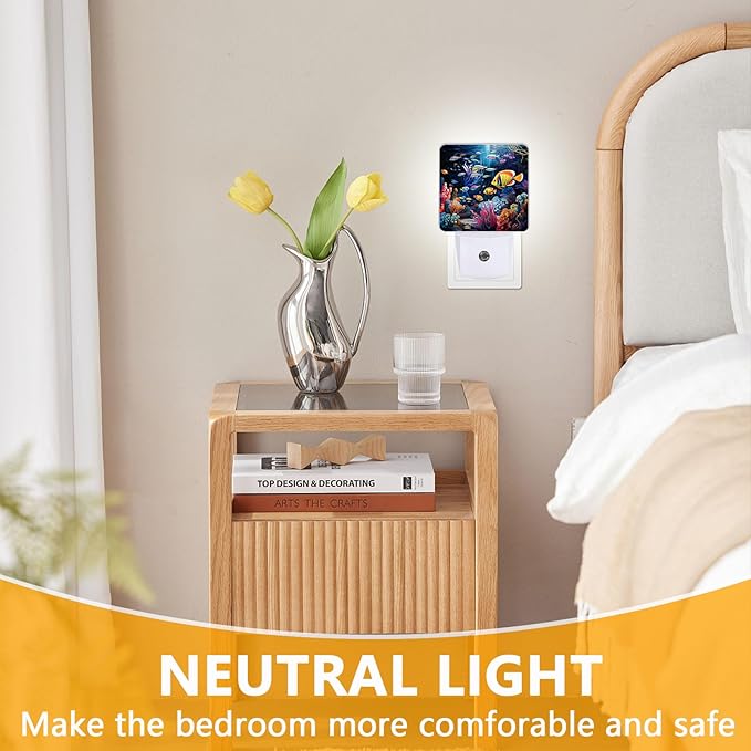 Underwater World Fish Night Light, Plug-into Nightlight White LED Lamp, Energy Efficient Decor Desk Lamp for Bedroom Hallway Stairs Bathroom