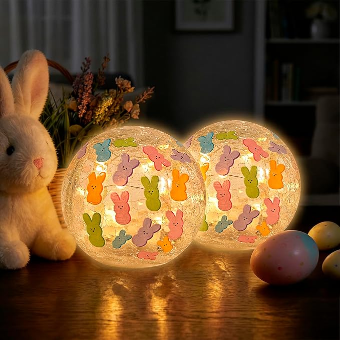 2 Pcs Easter Lighted Glass Ball Decorations - 3.9inch Easter Bunny Crackle Pattern LED Lights Eggs with Timer, Light Up Egg Lamp Table Easters Decor Decorative Snow Globe for Holiday Garden Party Gift