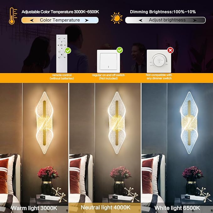 Modern Gold Wall sconces 17.3In LED Wall Lamp with Remote Control Dimmable Acrylic Sconces Wall Lighting for Living Room Hallway Bathroom Bedroom Stairs