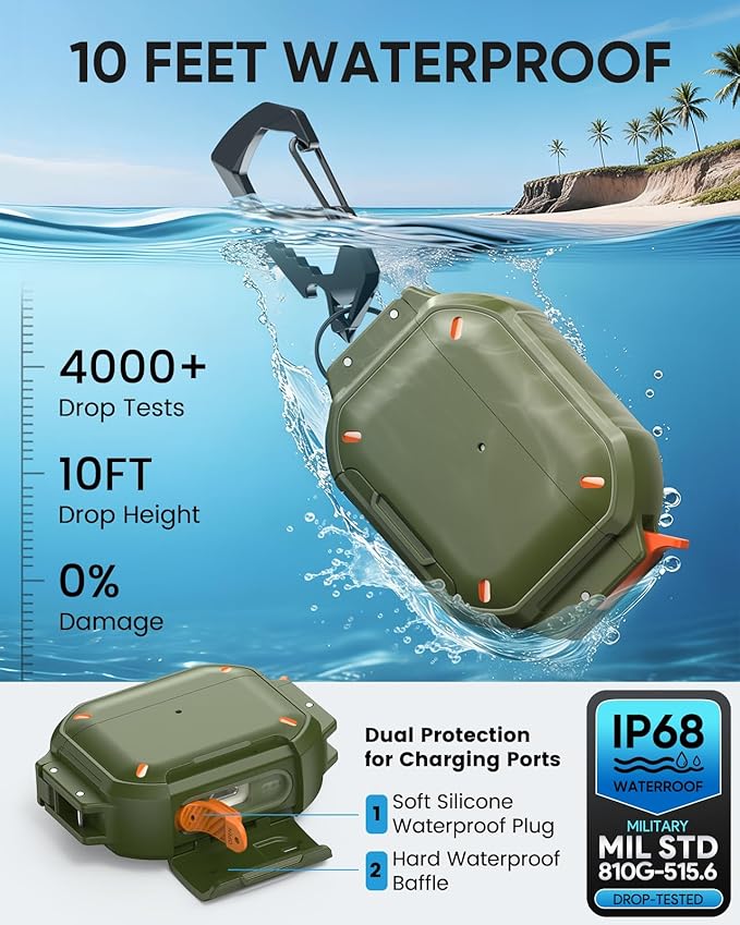 MoKo for AirPods Pro 3 Case with Secure Lock - IP68 Waterproof Case for iPods Pro 3, Military-Grade Protective Cover Earpods Pro 3 with Keychain, Phone Stand & Cleaner Kit, Green