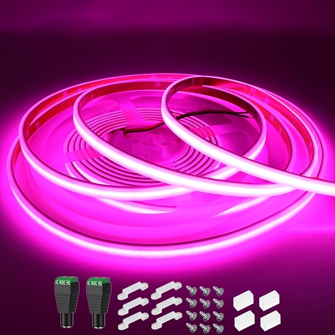 COB LED Strip Lights Pink 480LEDs/m DC12V 16.4ft/5m Waterproof IP67 High Density LED Rope Lights for Outdoor Cabinets Desks Party DIY Decor