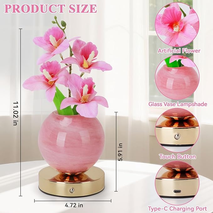 Flower Table Lamp, 3 Colors Orchid Night Light, Cordless Touch Dimming Artificial Flower with Vase Lamp, LED Bedside Night Light Romantic Gifts for Girl Women Mom (Pink Orchid)
