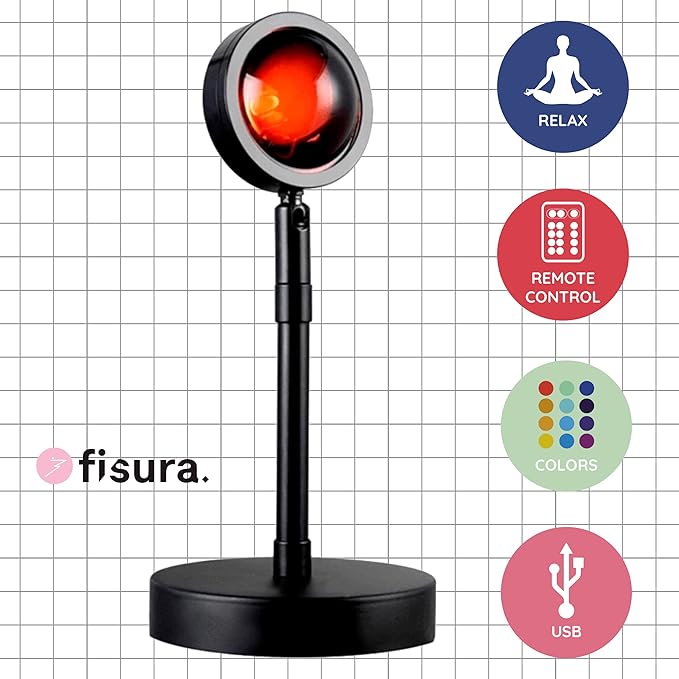 Fisura - Sunset lamp. Sunset lamp with 16 Colors and 4 Light Modes. Romantic Table lamp with 180º Rotation. Ambient Light 25,4 x 68,58