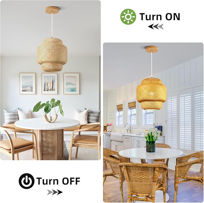 15.7inch Bamboo Pendant Light, Boho Chandelier Hand-Woven Wicker Rattan Hanging Ceiling Lighting, Rustic Farmhouse Pendant Lamp for Kitchen Island, Dining Room, Bedroom, Living Room, Foyer