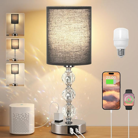 Black Touch Bedside Lamps for Bedrooms - Crystal Table Lamp with USB C+A Charging Port and AC Outlet Nightstand, 3 Way Dimmable Silver Small End Side Table Lamp for Living/Guest/Dinning Room/Kitchen