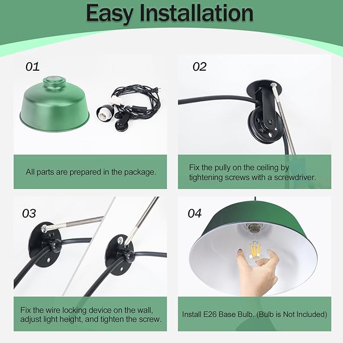 Plug in Pendant Light, Green Farmhouse Hanging Lights with Plug in Cord, Pulley Hanging Lamp, Industrial Pendant Lights Fixture for Kitchen Island, Bedroom, Dining Room, Living Room, Office