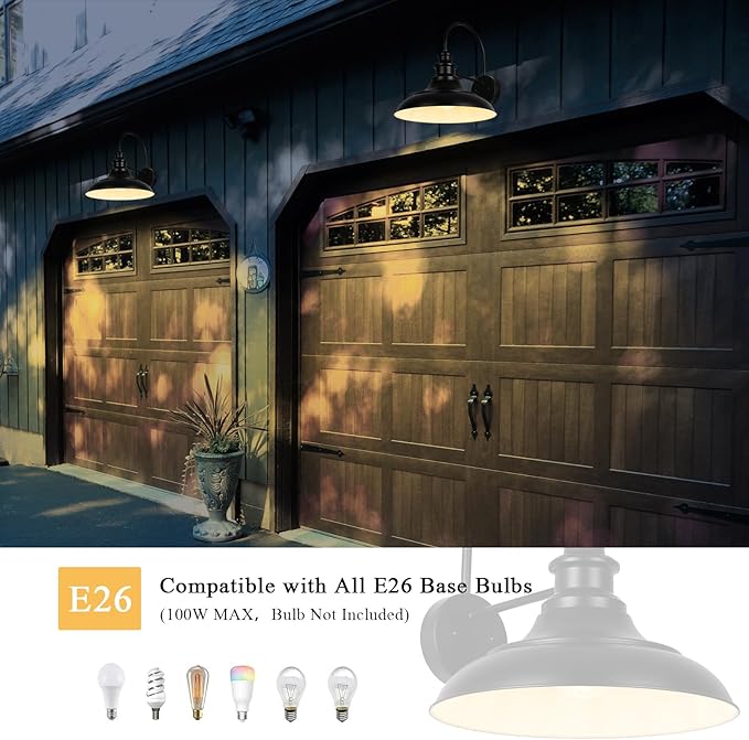 Outdoor Barn Light Fixture, 12.3 Inch Large Dome Farmhouse Exterior Wall Mount Light, Gooseneck Wall Sconce Indoor Wall Lighting Fixture, Industrial Black White Finish Lantern for Porch, RZ004 BK+WH