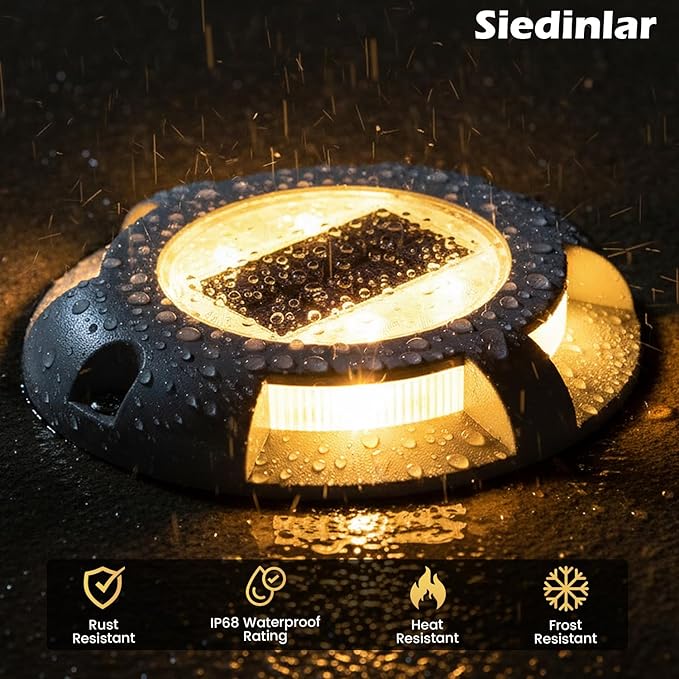 SIEDiNLAR Solar Deck Lights Driveway Dock LED Light Solar Powered Outdoor Waterproof Road Markers for Pathway Step Stair Garden Ground Sidewalk Yard 4 Pack (Warm White)