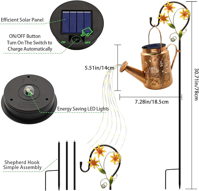 VOOKRY Solar Lights Outdoor Waterproof, Sunflower Metal Solar Watering Can Lights, Birthday Gifts for Women Mom Grandma, Hanging Lantern Decorative Garden Decor Yard Light for Outside Patio Lawn Porch