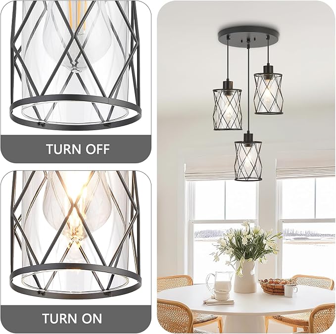 Refice 3-Light Pendant Lights Kitchen Island, Black Kitchen Cluster Hanging Pendant Lights with Clear Glass, Modern Cage Chandelier Light Fixture for Sink Dining Room Bedroom Bar