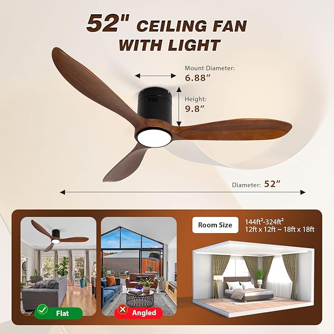 VACILL Wood Flush Mount Ceiling Fan with Light and Remote, 52 inch Low Profile Wooden Fan with 3 Blades, 6 Speed, LED Dimmable, Reversible DC Motor (Dark Brown, Wood)