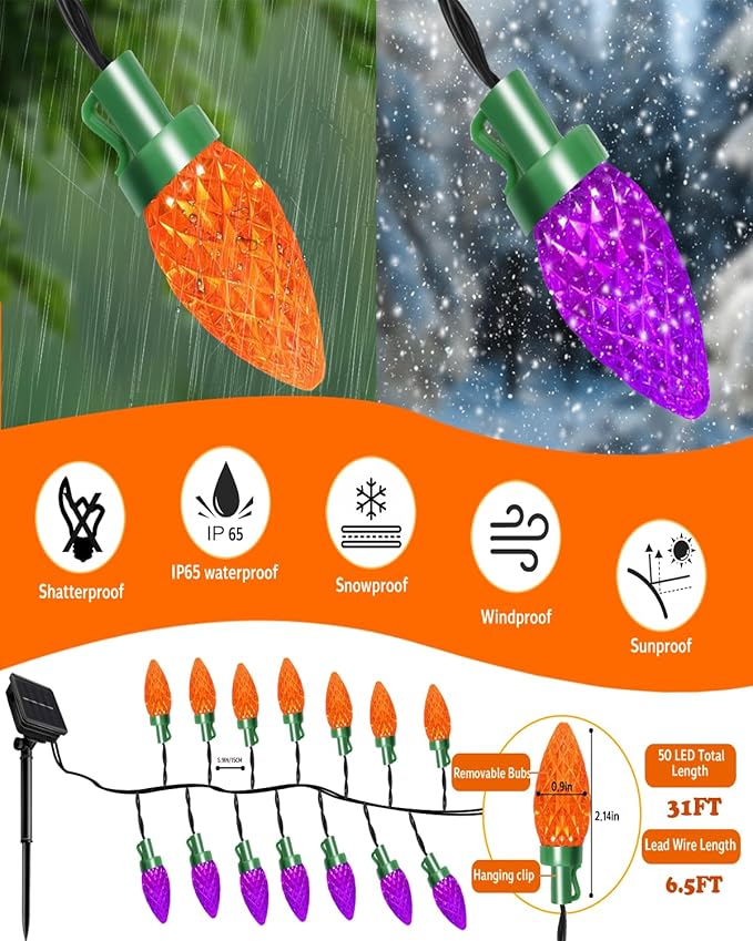 ITICdecor Christmas Decorative Solar Lights Outdoor Waterproof Orange Purple String Lights 31 Ft 50 LED Strawberry Solar Garden Lights Yard Camper Christmas Halloween Carnival Decoration