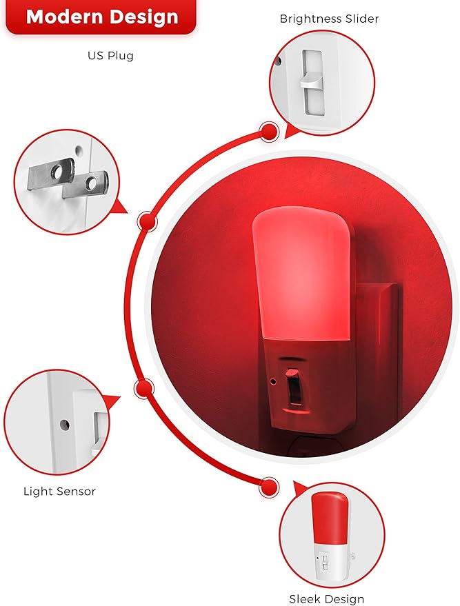 L LOHAS LED Red Night Light Plug in, Dimmable Light LED Night Lights with Dusk to Dawn Sensor, 5-80LM Adjustable Brightness Red Light for Nursery Kids Room Hallway Kitchen, Christmas Gift 2 Pack