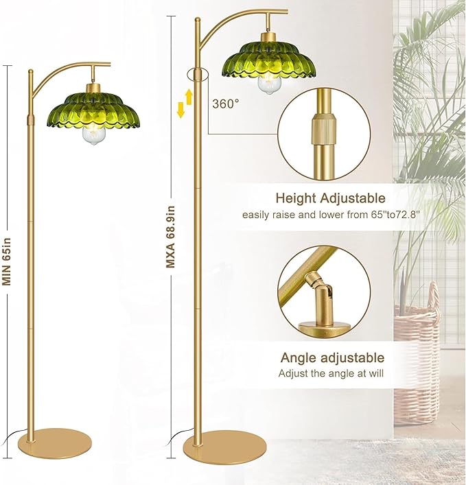Dimmable Floor Lamp for Living Room, Mid Century Modern Standing Lamp with Green Lamp Shade, Vintage Tall Floor Lamps with Remote, Glass Corner Lamp for Bedroom Office, 12W Bulb Included