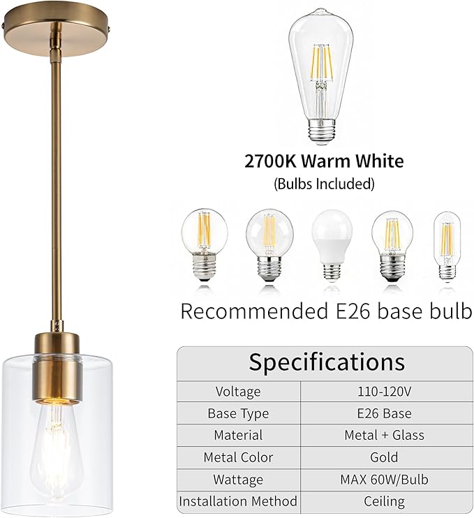 MAYNA 2-Pack Brushed Brass Pendant Lights, Elegant Glass Hanging Lighting with Bulbs, Adjustable Rods Modern Fixtures for Kitchen Island, Breakfast Bar