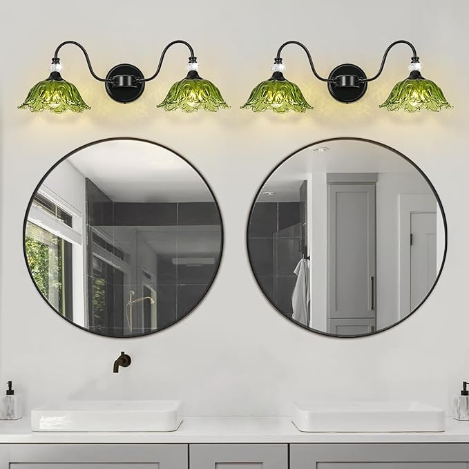 Black Bathroom Vanity Light, 2-Light Vanity Light with Floral Green Glass Shades,Vintage Farmhouse Wall Mount Lighting for Bathroom, Dressing Table