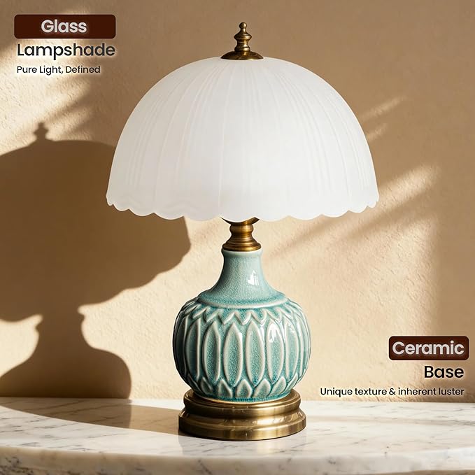 Ceramic Pattern Table Lamp with Frosted Glass Lampshade, Desk Bedside Small Lamps with 6ft Power Cord for Living Room Night Stands Bedroom (Bamboo Leaf)