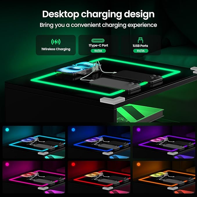 Night Stand with Charging Station and LED Lights Smart Bedside Table Adjustable RBG Lighting Decorative Cat Door Modern Nightstand Glass Tabletop Wood End Tables for Bedroom,Office