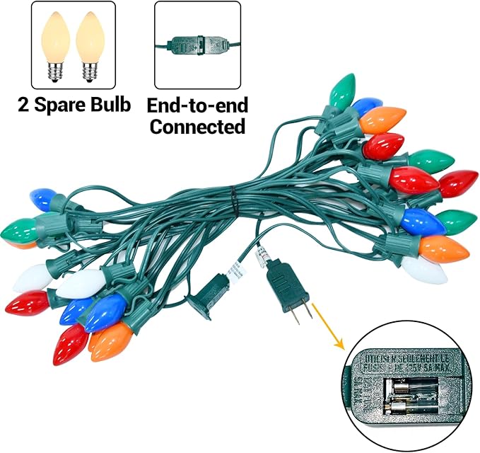 C7 LED Multicolor Christmas Lights 20Ft Outdoor String With 22 Ceramic Bulbs, Hanging Vintage Decorations for Party Indoor Outdoor, Green Wire