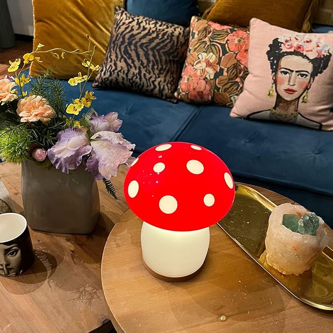 BECCOBEAT Mushroom lamp for Bedroom Night Light Glass Vintage Retro Funky Cute Lamp Small Lamps Bedrooms Bedside Bed Side Table Nightstand Desk Aesthetic Cottagecore 70s Room Decor (RED) (B01)