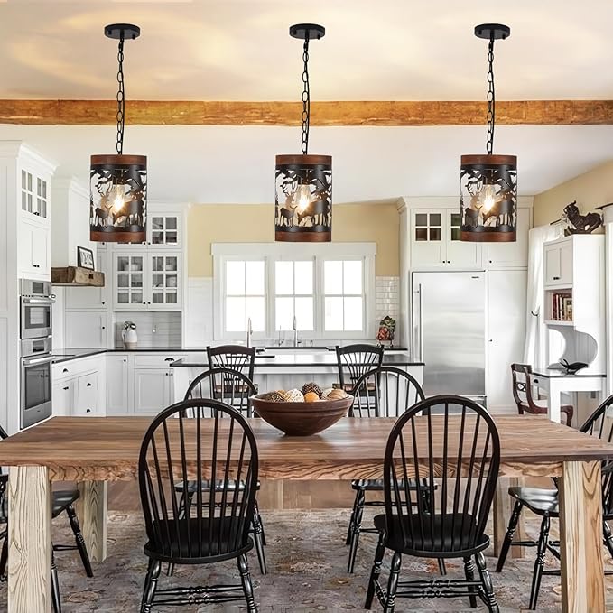Rustic Deer Pendant Light, 1-Light Farmhouse Wood and Metal Cage Chandelier, Adjustable Hanging Ceiling Fixture for Kitchen Island, Hallway, Bar, Dining Room, Foyer, or Bedroom, (No Bulb Included)