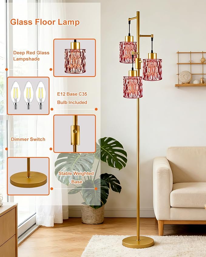 Lightdot 67" 3-Light Glass Floor Lamps for Living Room, Dimmable Floor Lamp with Rose Red Glass Shade& E12 Bulbs Included, Mid Century Standing Tall Lamp for Bedroom/Sofa Beside/Corner Decor-Gold