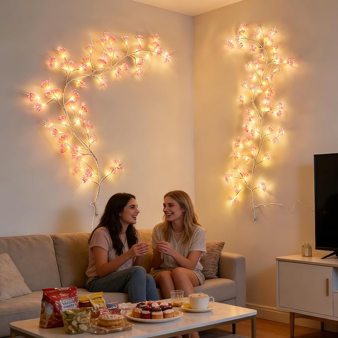 Cherry Blossom Tree Branch Lights: Cherry Blossom Willow Vine Garland with 54 LED Light and Remote for Wall Decor - 4 Lighting Modes Christmas Indoor Decorations for Home Bedroom Window (Pink)