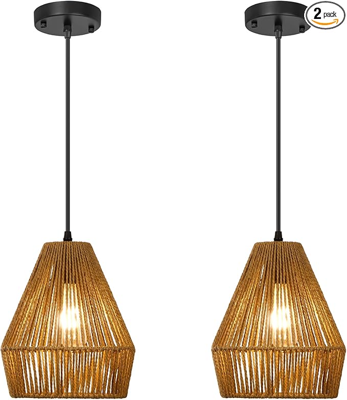 8.7'' Woven Rattan Pendant Lights Kitchen Island 2 Pack, Boho Pendant Light with Handwoven Wicker Shade, Coastal Farmhouse Hanging Light Fixture for Bedroom Dining Room Foyer Bar Hallway