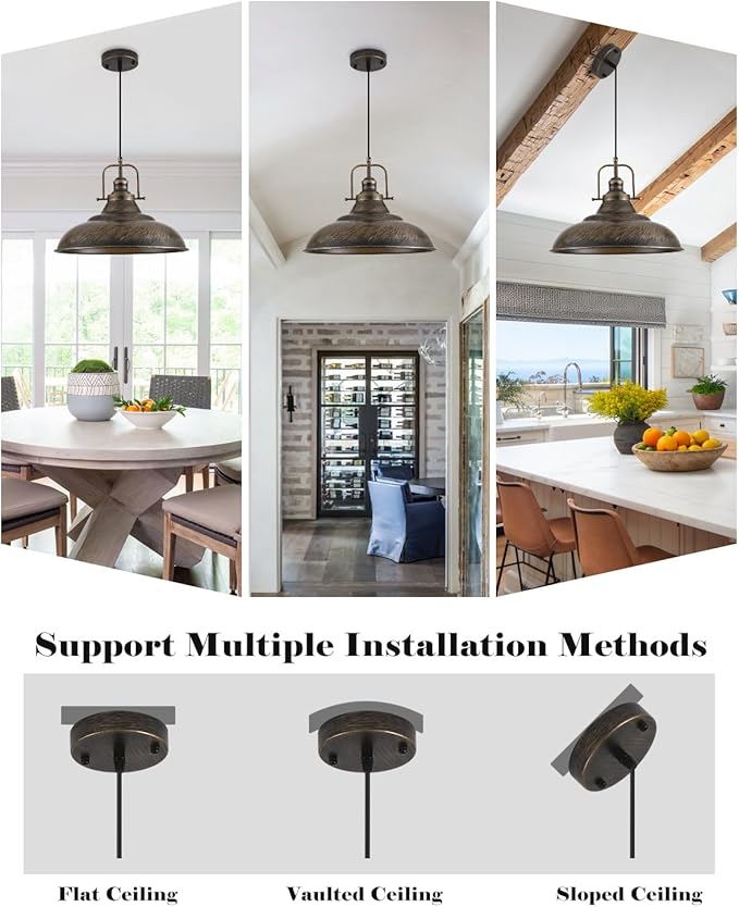 Brass Pendant Light Kitchen Island,16 Inch Large Industrial Pendant Lights, Black and Brass Pendant Lights, Vintage Farmhouse Pendant Light for Kitchen Island, Dining Room (2 Pack)