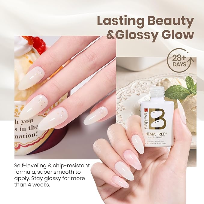 Beetles Vanilla Scoop White Gel Nail Polish - 15ML Full Size Milkshake White Nail Polish Neutral Jelly Gel Base Color Nail Concealer Sheer Translucent Effect Soak Off UV Nail Art DIY Manicure Gifts