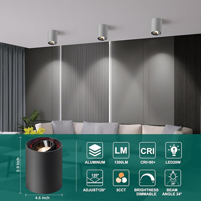 OKELI Black Modern LED Dimmable Ceiling Light Fixtures for Hallway Kitchen Entryway, 20W 1300LM 2700K-6000K Flush Mount Close to Ceiling Lighting, Cylinder Ceiling Lamps for Living Room 3pack