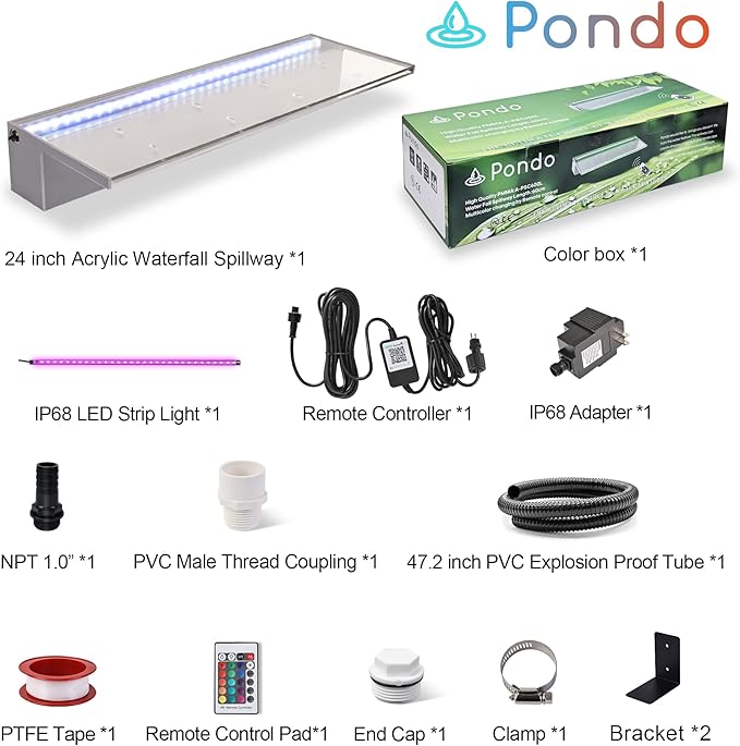 PONDO 24'' APP Pool Waterfall with 16 Colors LED Lights, Acrylic Pond Fountain Set for Outdoor Decorations, Patio Waterfall Spillway Kit on The Wall for Garden, Easy Installation