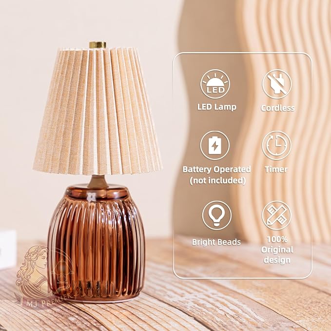 MJ Cordless Lamps with Timer 8.7 in High Battery Operated Pleated Lamp Shade for Home Decor Emergency Battery Powered Small Lamps for Livingroom Bedroom Home Decor Beige