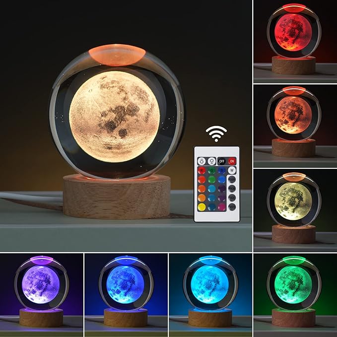 Large Crystal Ball 3D Moon Lamp Balkwan, Crystal Lamp 16 Color Changing Night Light with Remote Control for Bedroom Decor, Ideal Birthday Gift for Teens Boys and Girls, Moon Model