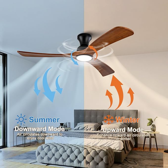 52 inch Flush Mount Ceiling Fans with Lights,Remote Control,Wall Switch,Solid Wood Blades,Dimmable,Reversible,Noiseless,Power Off Memory Low Profile Ceiling Fan for Bedroom Patio Indoor/Outdoor
