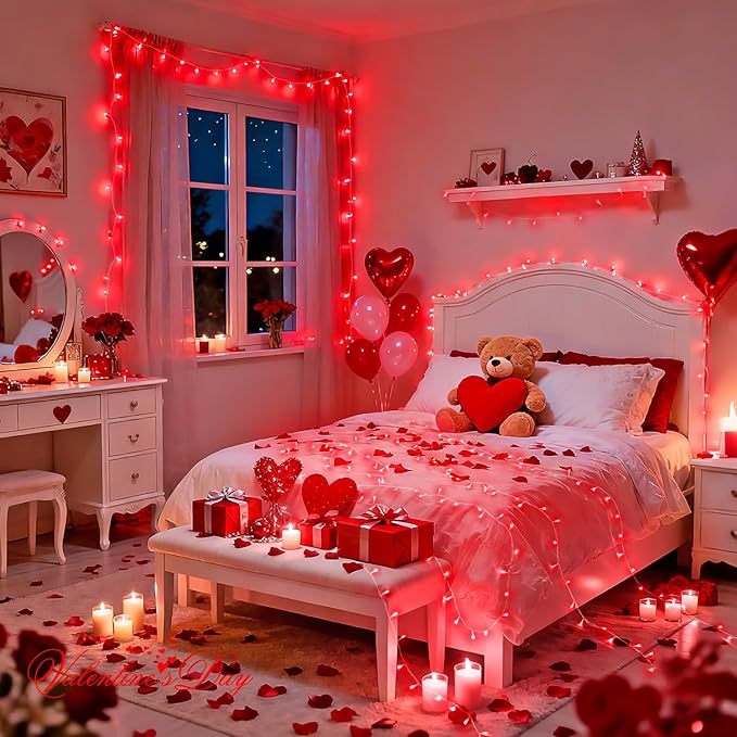JMEXSUSS 2 Pack Red Valentine Lights Indoor, Each 100 LED Christmas String Lights with 8 Modes, Connectable Clear Wire Red LED Lights Outdoor Waterproof for Valentine's Day Bedroom Party Decorations