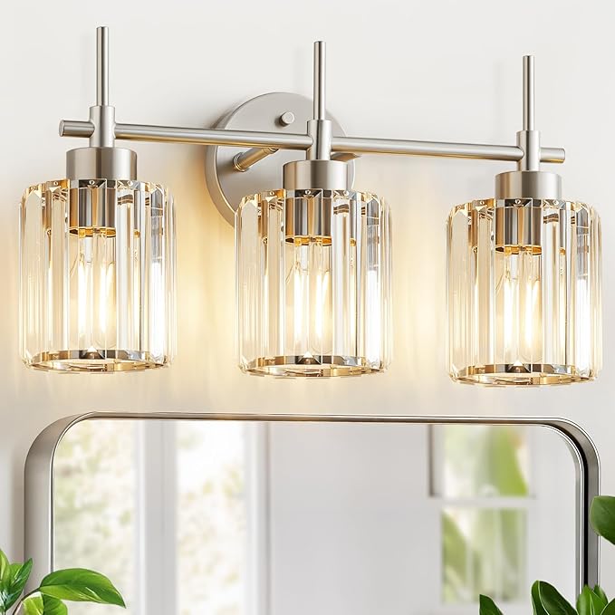3 Light Crystal Bathroom Light Fixtures, Brushed Nickel Vanity Mirror Lights, Crystal Bath Vintage Wall Mounted Lamps Wall Light Fixtures for Bathroom, Living Room